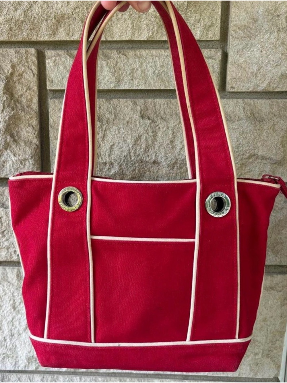 Rare Vera Bradley Red Canvas Tote with White Piping & Floral Interior - Picture 2 of 7